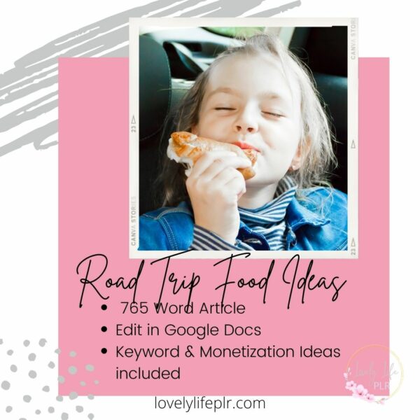 Girl eating food in car, road trip food ideas article PLR